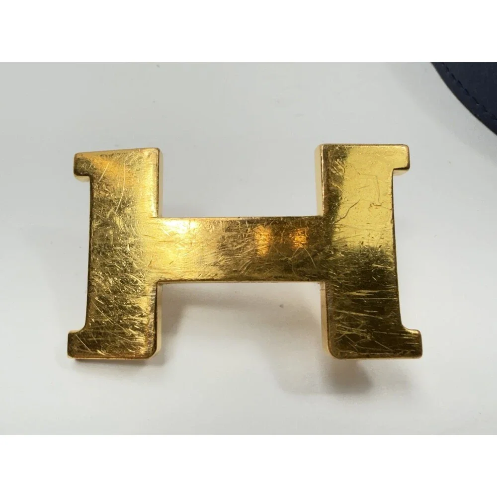Authentic HERMES H Logo Reversible Belt Strap Blue Gold Tone Buckle Kit 85